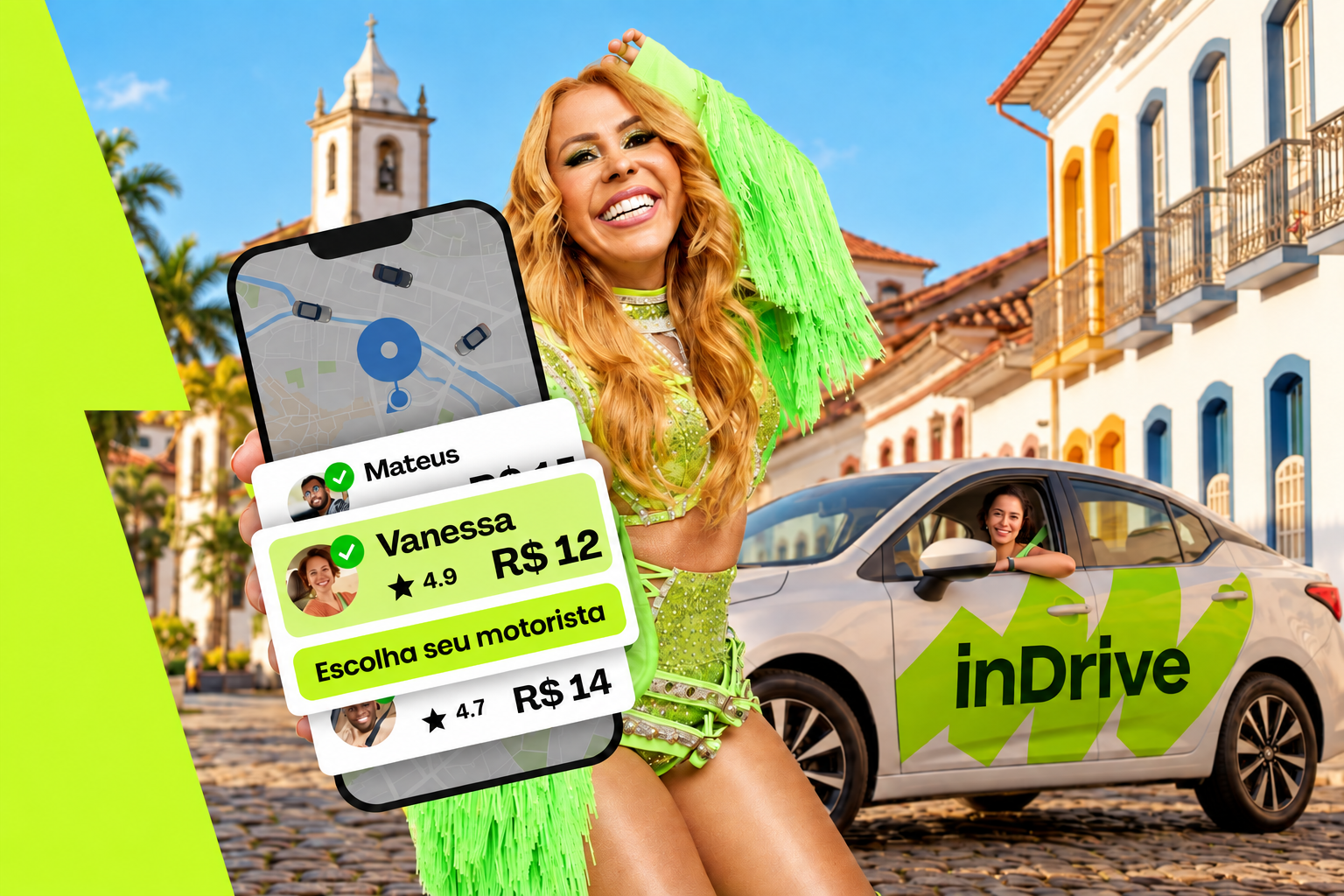 inDrive com Joelma, aplicativo e carro da campanha