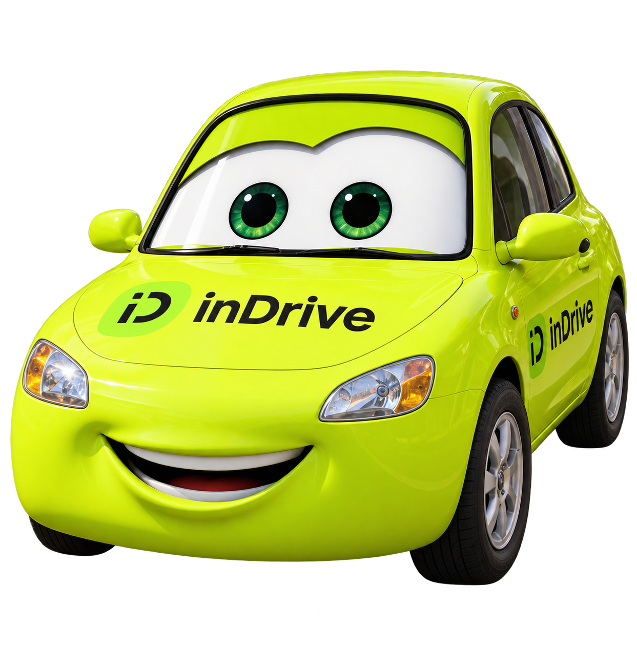 Q&AI, o carro verde da inDrive com olhos expressivos e um sorriso